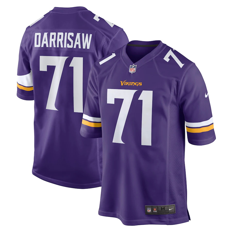 Custom Mens Minnesota Vikings 71 Christian Darrisaw Nike Purple 2021 NFL Draft First Round Pick Game Jersey